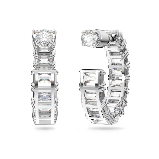 Millenia hoop earrings, Octagon cut, White, Rhodium plated