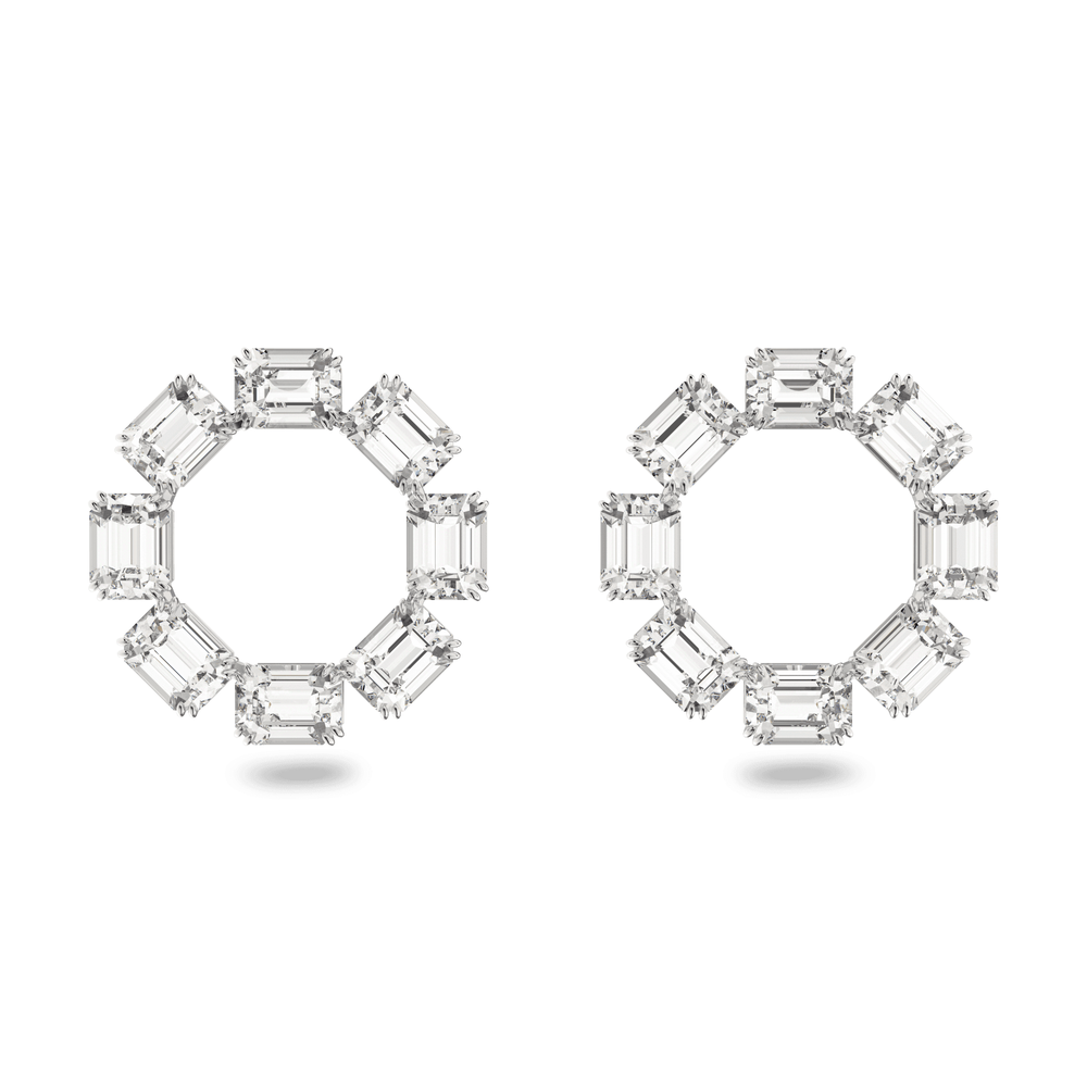 Millenia hoop earrings, Octagon cut, White, Rhodium plated