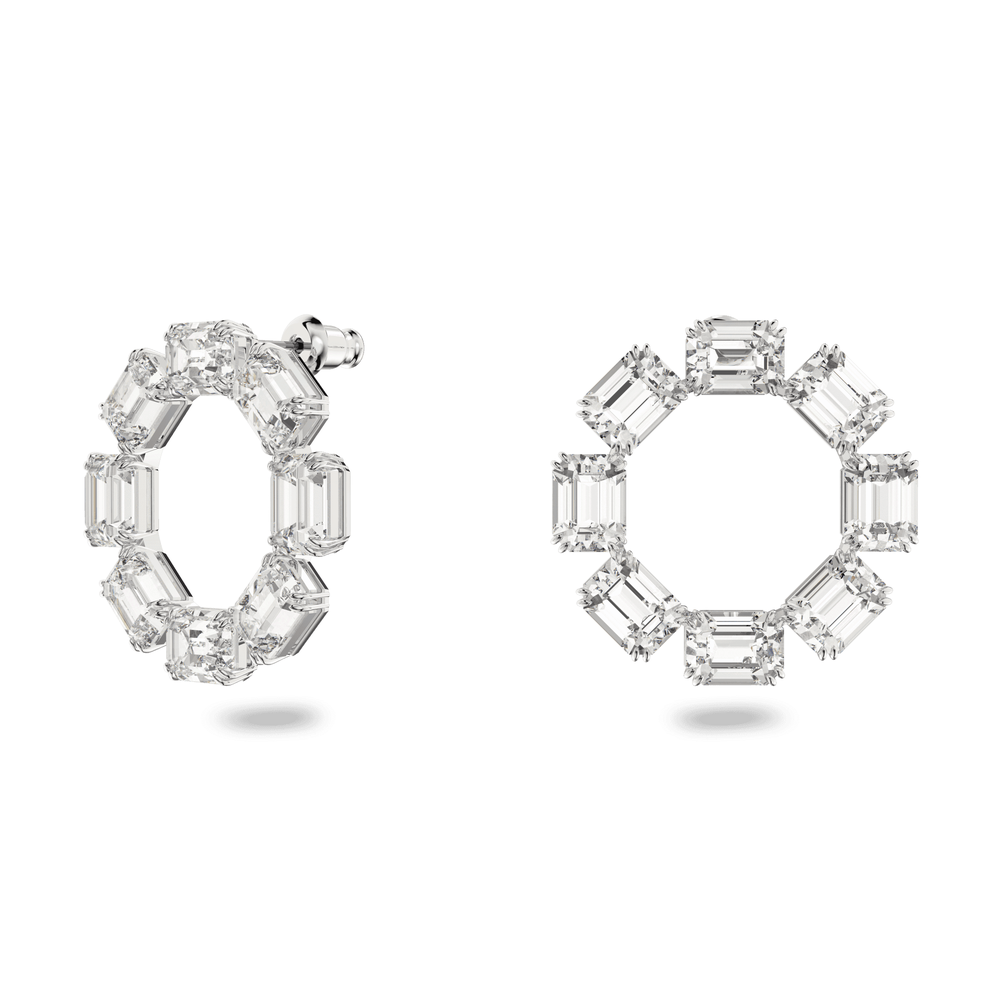 Millenia hoop earrings, Octagon cut, White, Rhodium plated