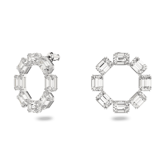 Millenia hoop earrings, Octagon cut, White, Rhodium plated