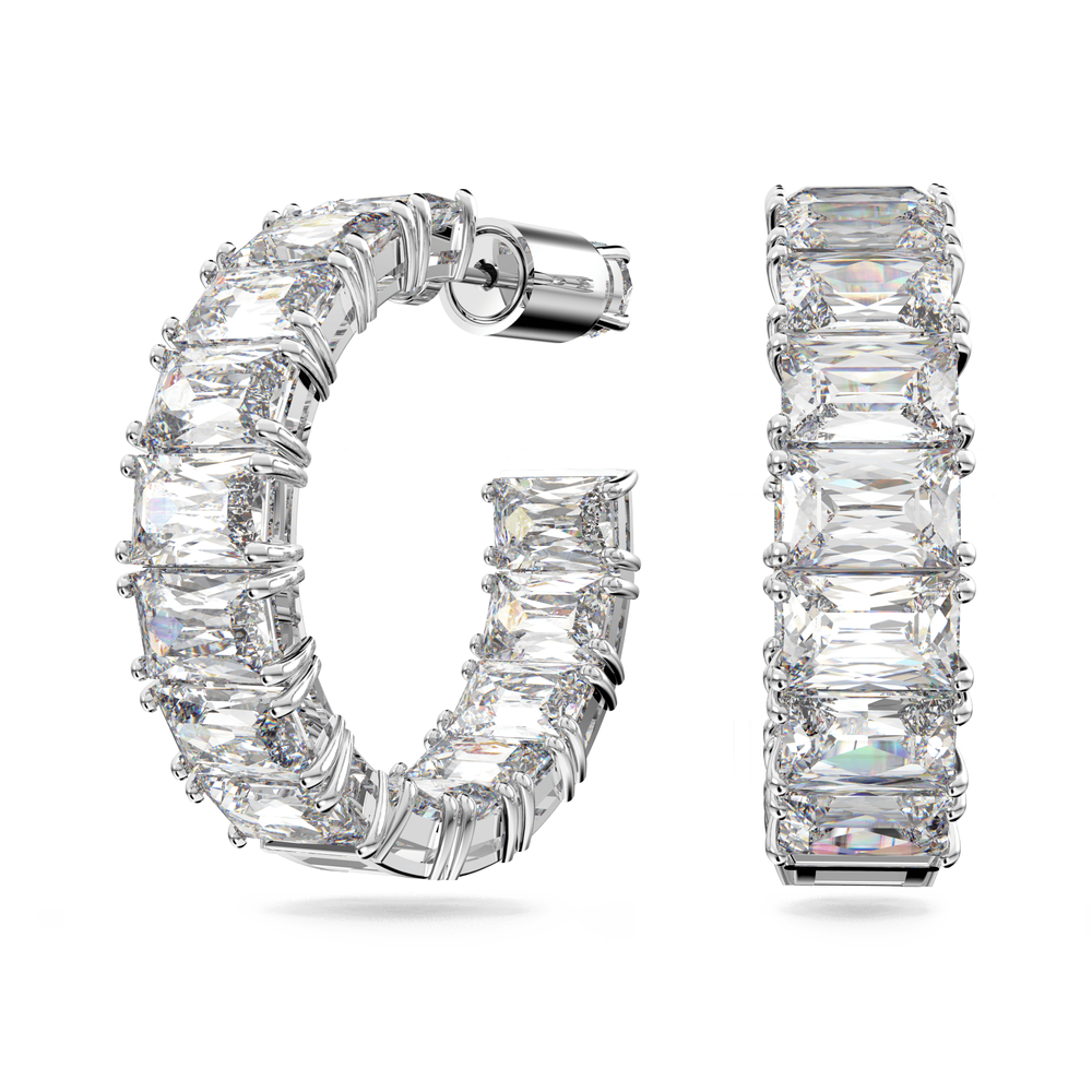 Millenia hoop earrings, Octagon cut, White, Rhodium plated