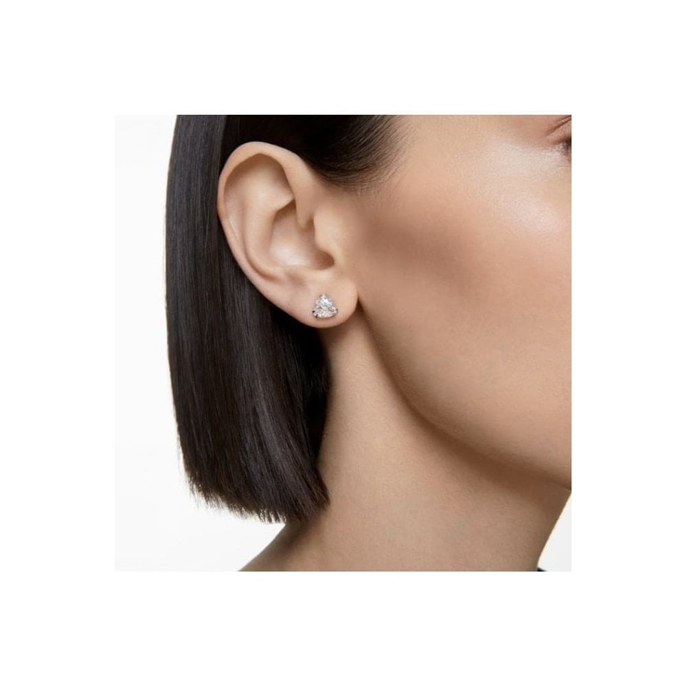Millenia stud earrings, Trilliant cut, White, Rhodium plated