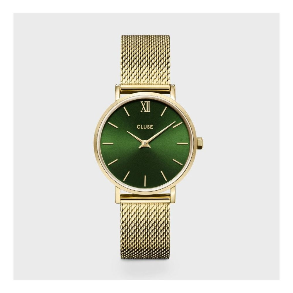 Minuit Watch, Forst Green Dial, Ladies Gold Stainless Steel Mesh Watch