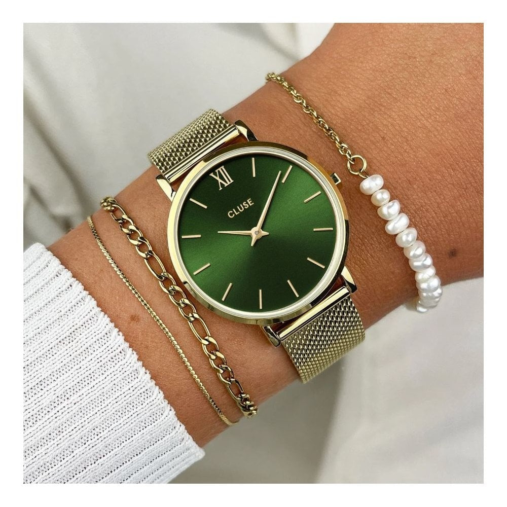 Minuit Watch, Forst Green Dial, Ladies Gold Stainless Steel Mesh Watch