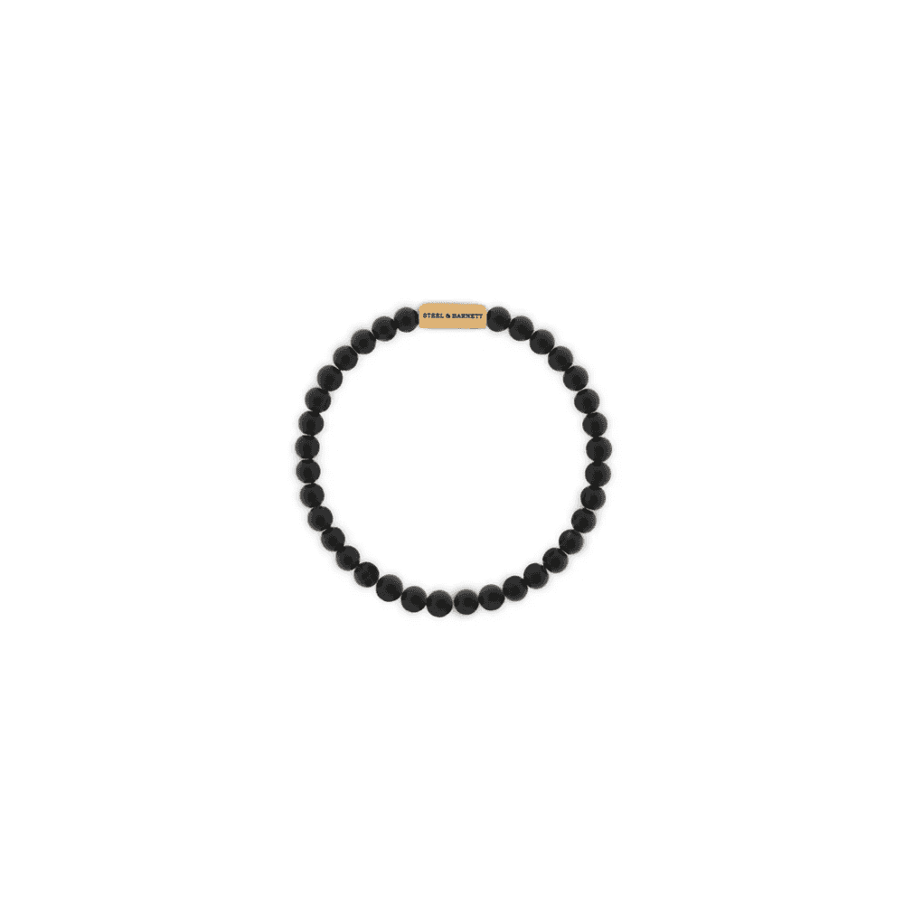 NATURAL NED BLACK ONYX 6MM ROUND GEMSTONE GOLD ON STEEL BRACELET