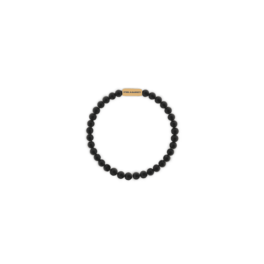 NATURAL NED BLACK ONYX 6MM ROUND GEMSTONE GOLD ON STEEL BRACELET