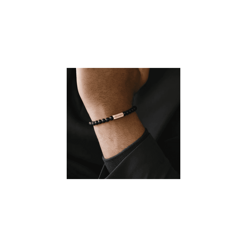 NATURAL NED BLACK ONYX 6MM ROUND GEMSTONE GOLD ON STEEL BRACELET