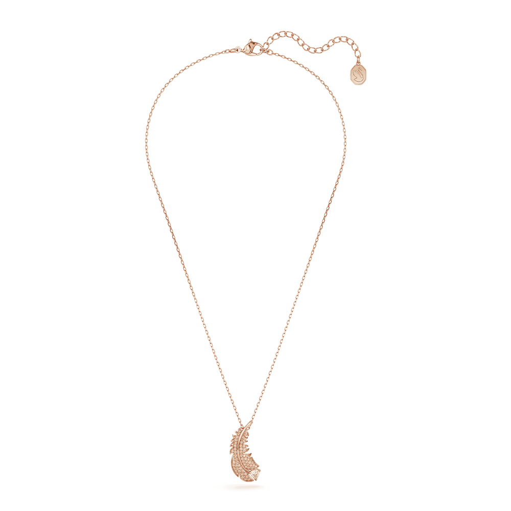 Nice pendant Feather, White, Rose gold-tone plated