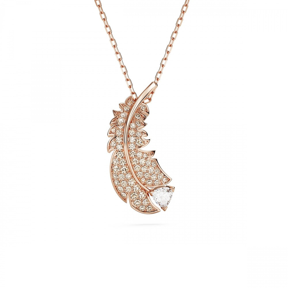 Nice pendant Feather, White, Rose gold-tone plated
