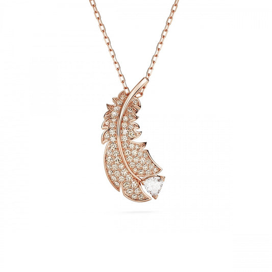 Nice pendant Feather, White, Rose gold-tone plated
