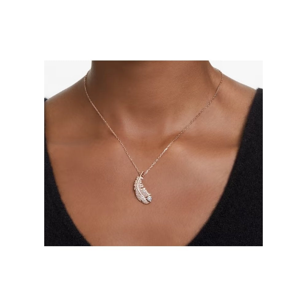 Nice pendant Feather, White, Rose gold-tone plated