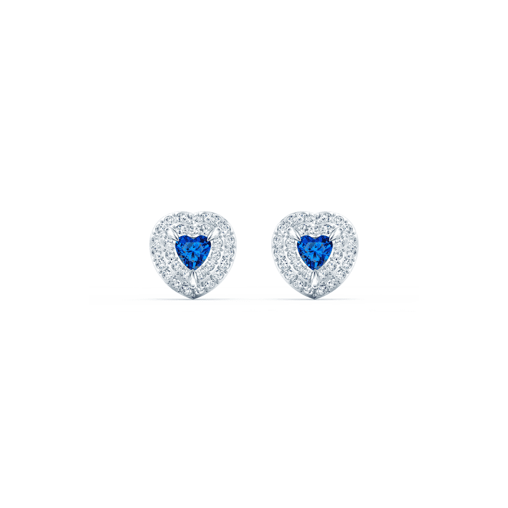 One stud earrings, Heart, Blue, Rhodium plated