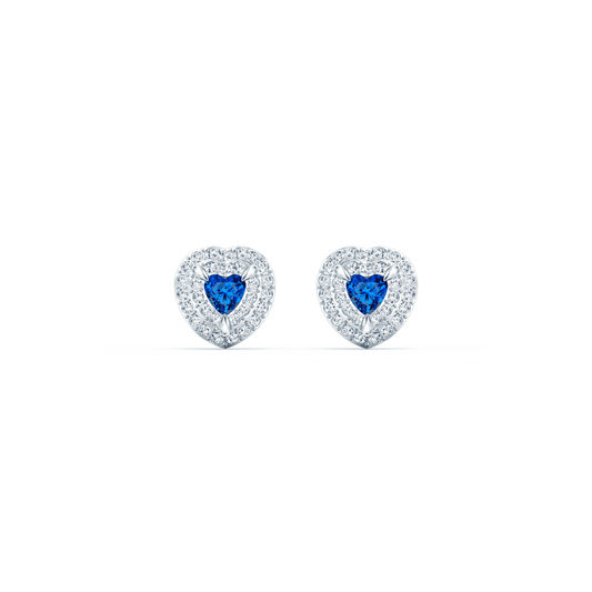 One stud earrings, Heart, Blue, Rhodium plated
