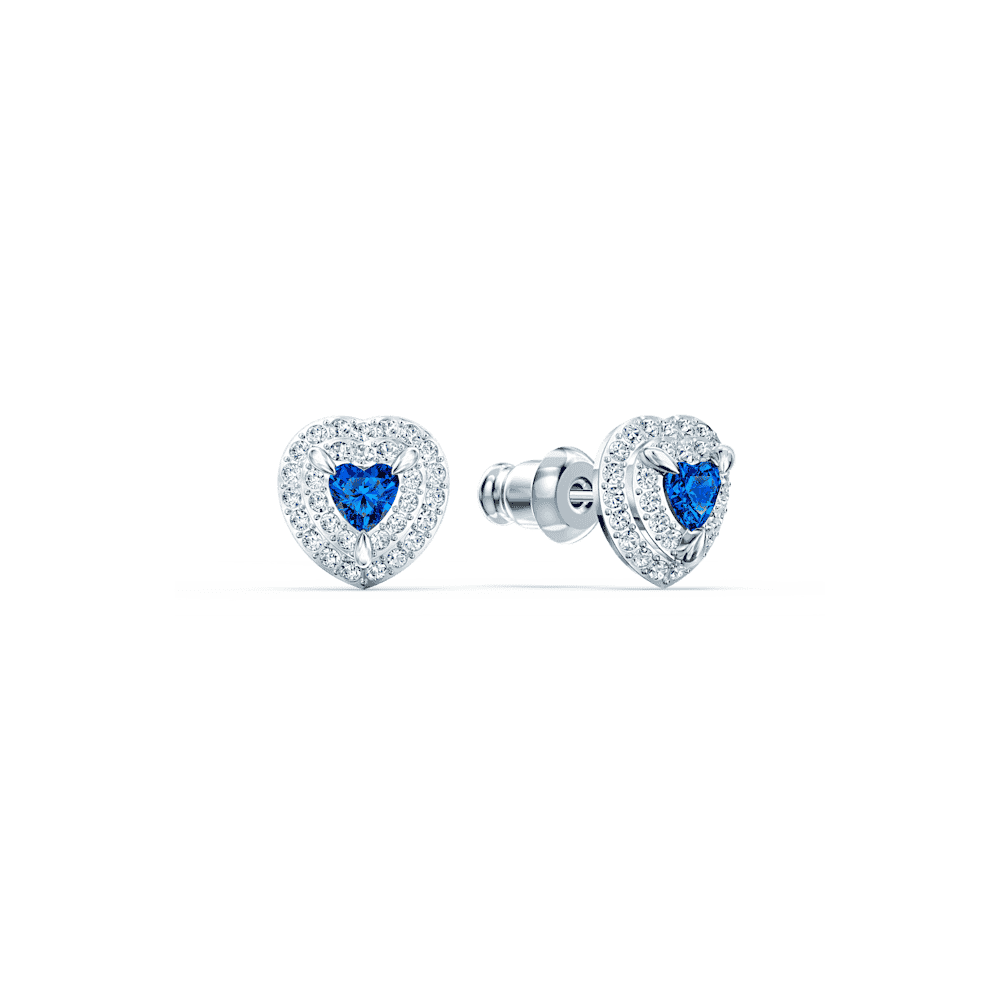 One stud earrings, Heart, Blue, Rhodium plated