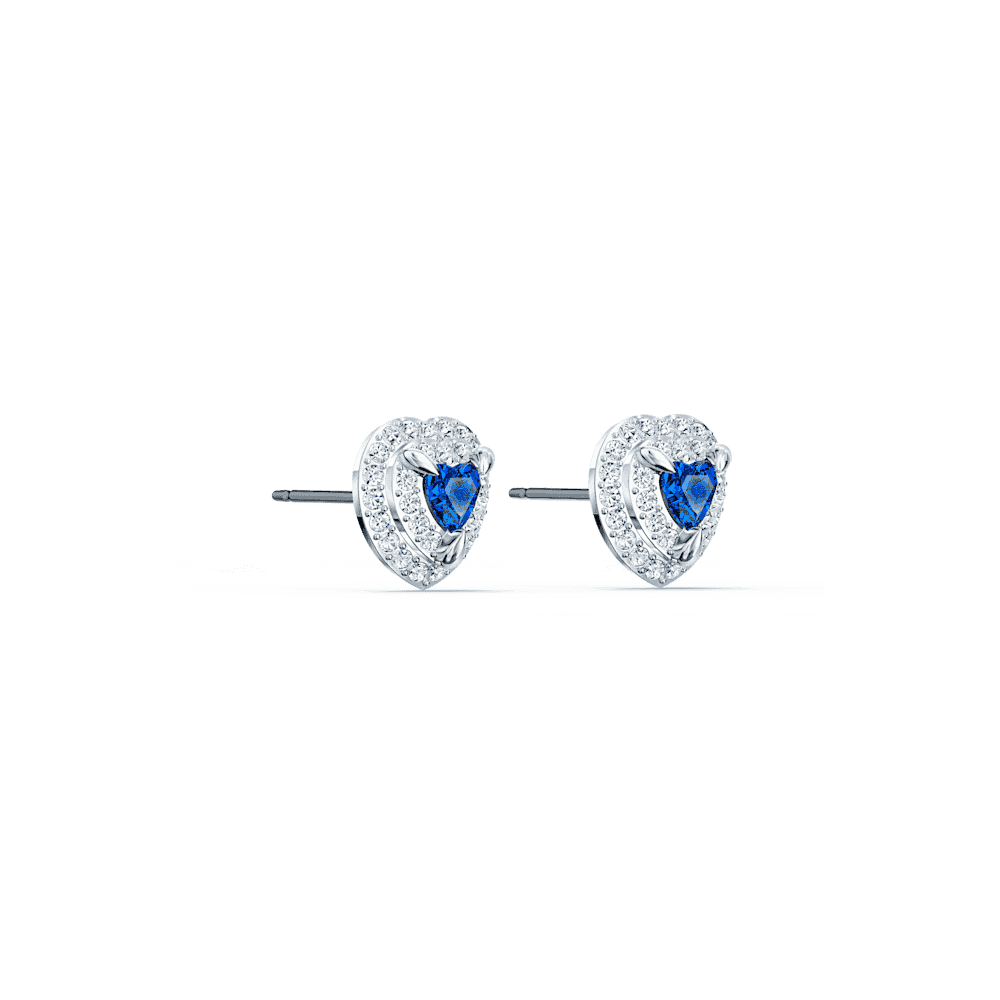 One stud earrings, Heart, Blue, Rhodium plated