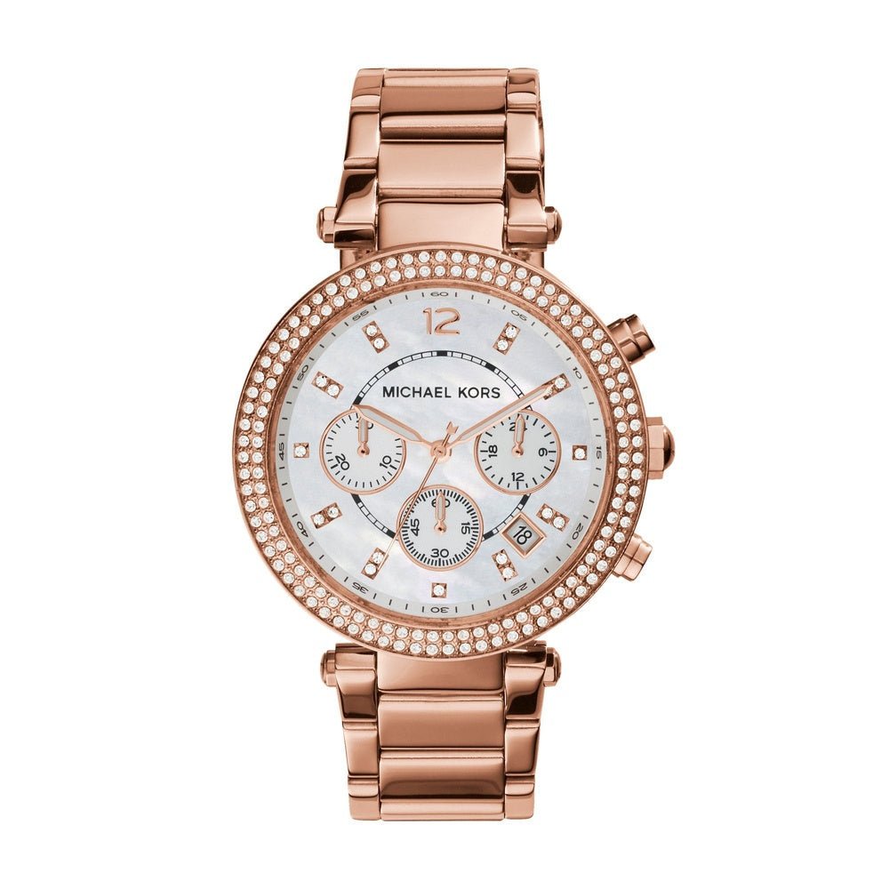 PARKER ROSE GOLD STAINLESS STEEL CHRONOGRAPH LADIES WATCH WITH CZ EMBELLISHMENT ON DIAL