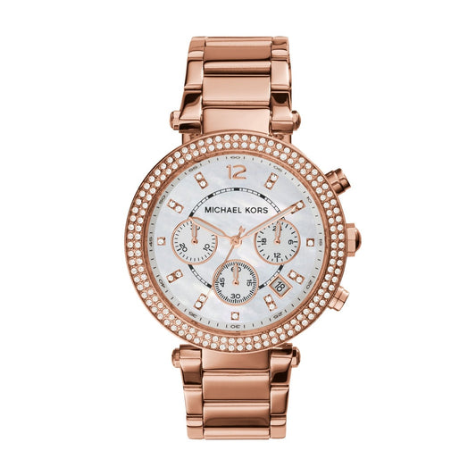 PARKER ROSE GOLD STAINLESS STEEL CHRONOGRAPH LADIES WATCH WITH CZ EMBELLISHMENT ON DIAL