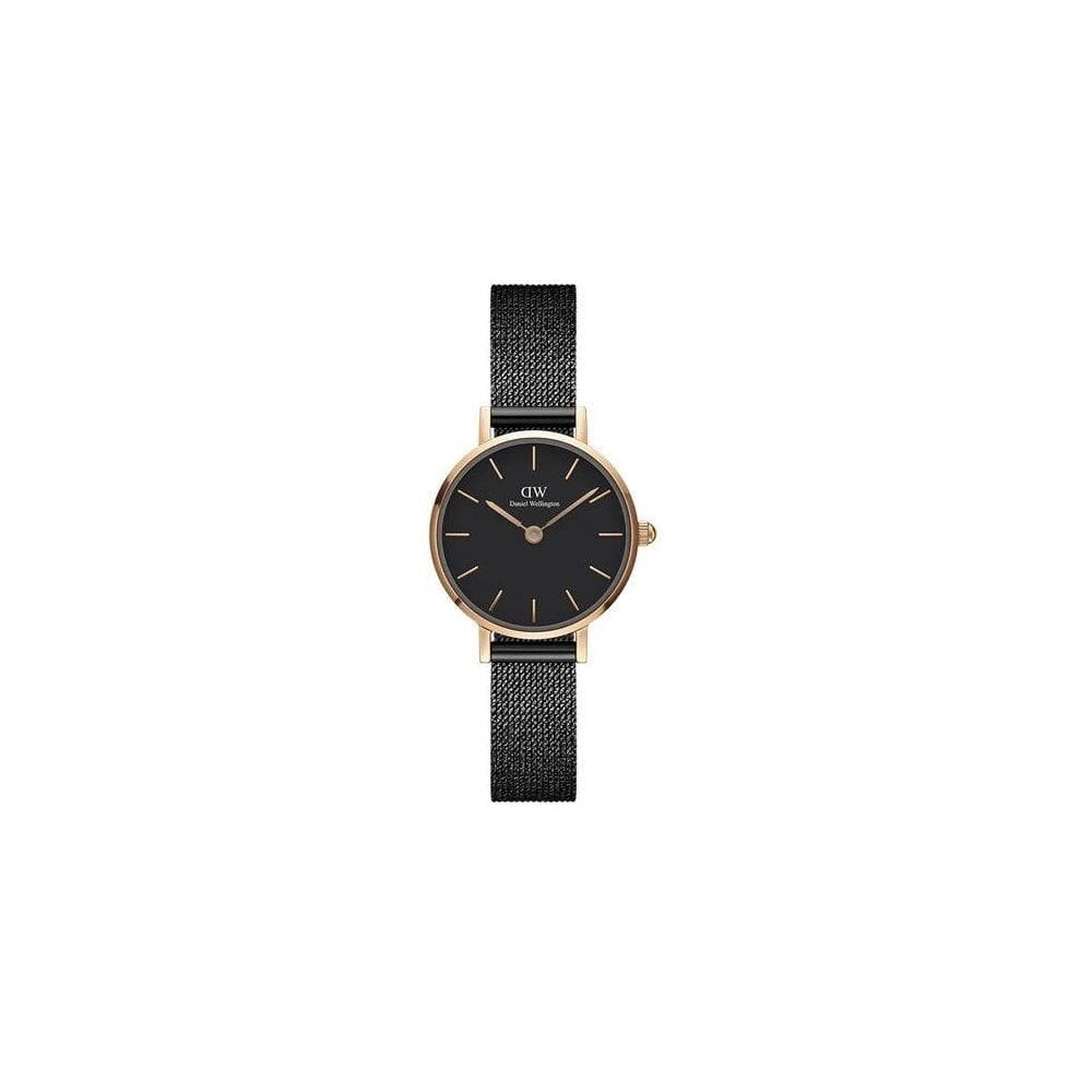 PETITE BLACK PVD PLATED STAINLESS STEEL MESH BRACELET WATCH WITH ROSE & BLACK 24MM ROUND DIAL