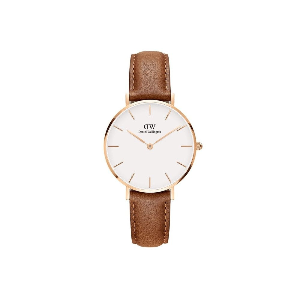 PETITE DURHAM ROSE GOLD STAINLESS STEEL CASE WITH BROWN LEATHER STRAP & WHITE DIAL