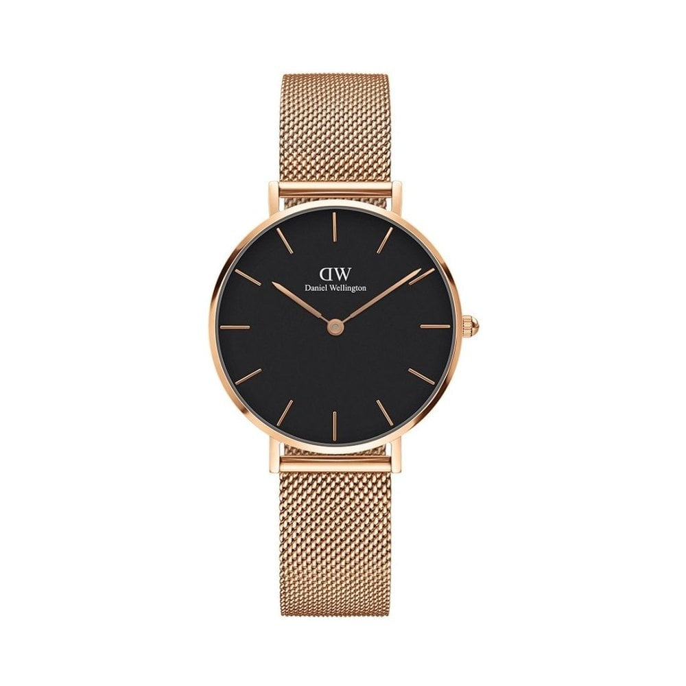 PETITE MELROSE ROSE GOLD STAINLESS STEEL MESH BRACELET WATCH WITH BLACK DIAL