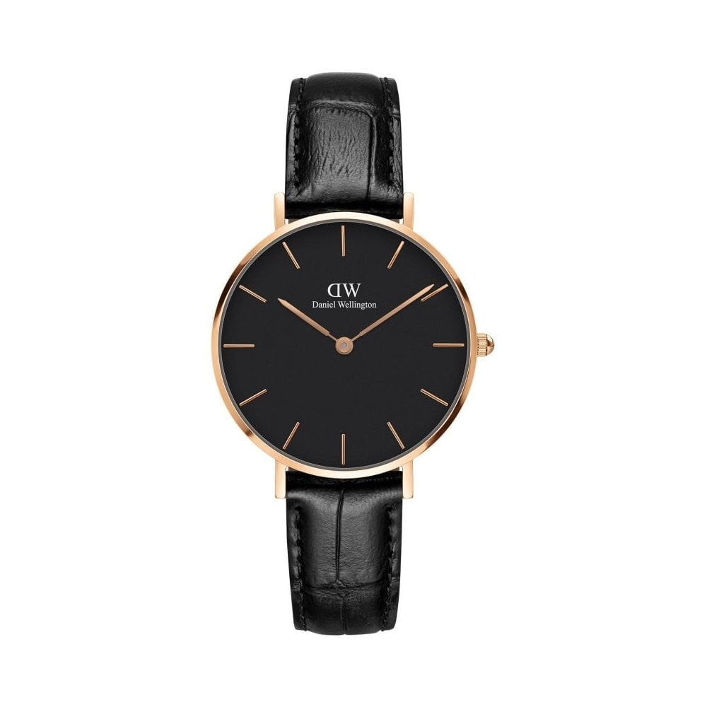 PETITE READING ROSE GOLD STAINLESS STEEL LADIES WATCH WITH BLACK DIAL & BLACK LEATHER STRAP