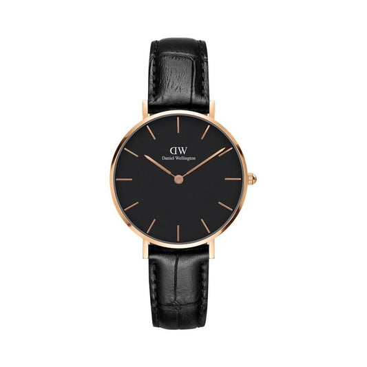 PETITE READING ROSE GOLD STAINLESS STEEL LADIES WATCH WITH BLACK DIAL & BLACK LEATHER STRAP