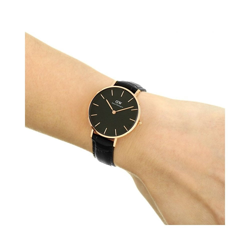 PETITE READING ROSE GOLD STAINLESS STEEL LADIES WATCH WITH BLACK DIAL & BLACK LEATHER STRAP