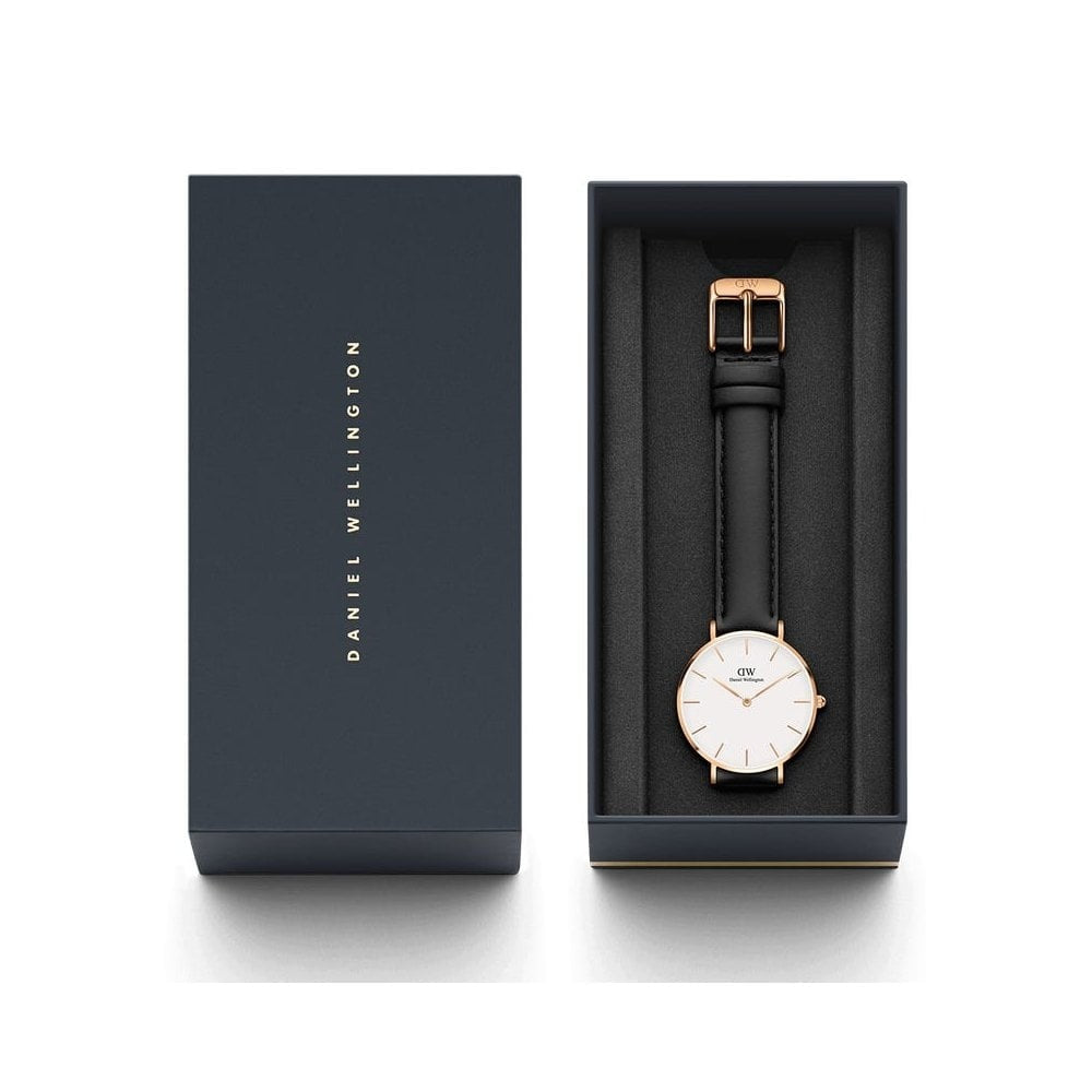 PETITE SHEFFIELD ROSE GOLD STAINLESS STEEL WATCH WITH BLACK LEATHER STRAP & WHITE DIAL