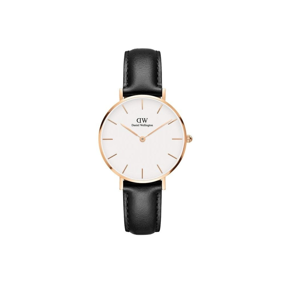 PETITE SHEFFIELD ROSE GOLD STAINLESS STEEL WATCH WITH BLACK LEATHER STRAP & WHITE DIAL