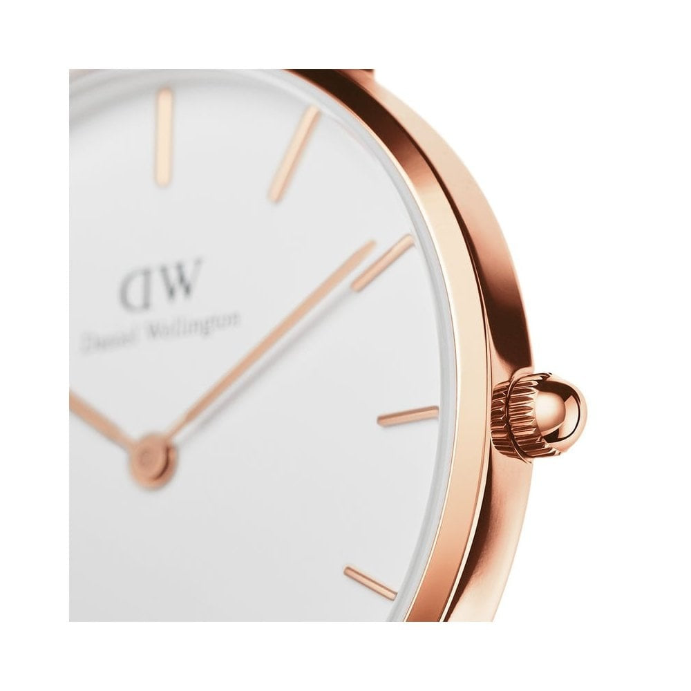PETITE SHEFFIELD ROSE GOLD STAINLESS STEEL WATCH WITH BLACK LEATHER STRAP & WHITE DIAL