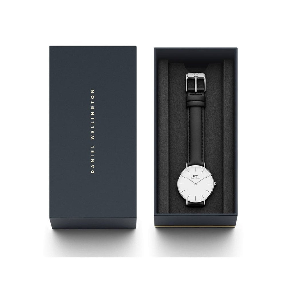 PETITE SHEFFIELD STAINLESS STEEL WATCH WITH BLACK LEATHER STRAP & WHITE DIAL