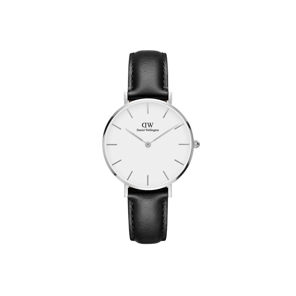 PETITE SHEFFIELD STAINLESS STEEL WATCH WITH BLACK LEATHER STRAP & WHITE DIAL