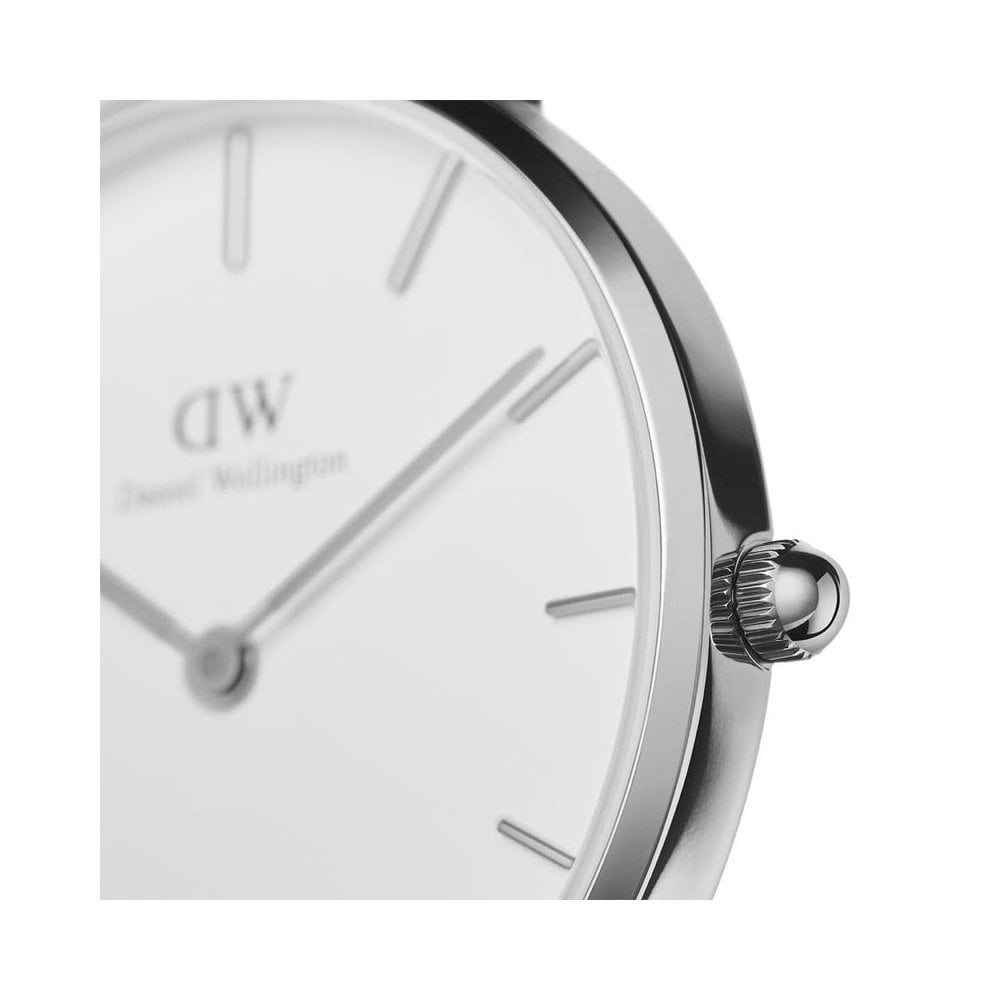 PETITE SHEFFIELD STAINLESS STEEL WATCH WITH BLACK LEATHER STRAP & WHITE DIAL