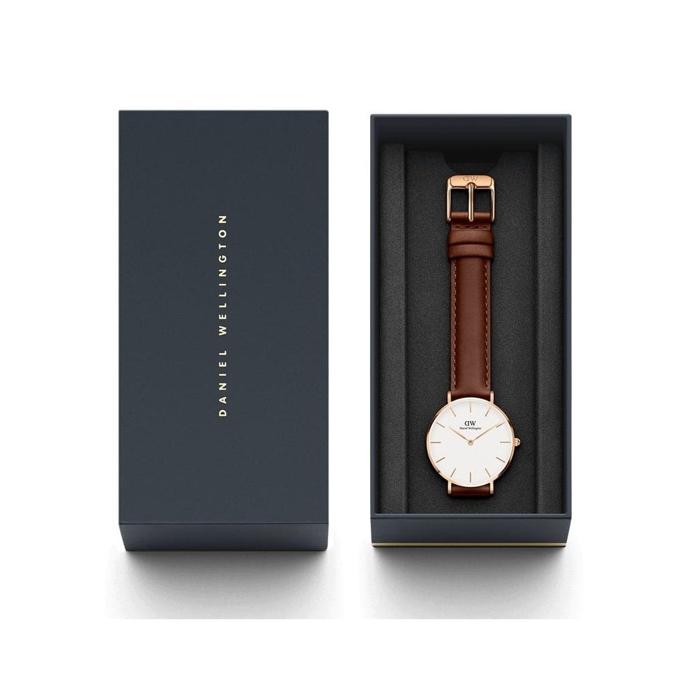 PETITE ST MAWES ROSE GOLD STAINLESS STEEL WATCH WITH BROWN LEATHER STRAP & WHITE DIAL