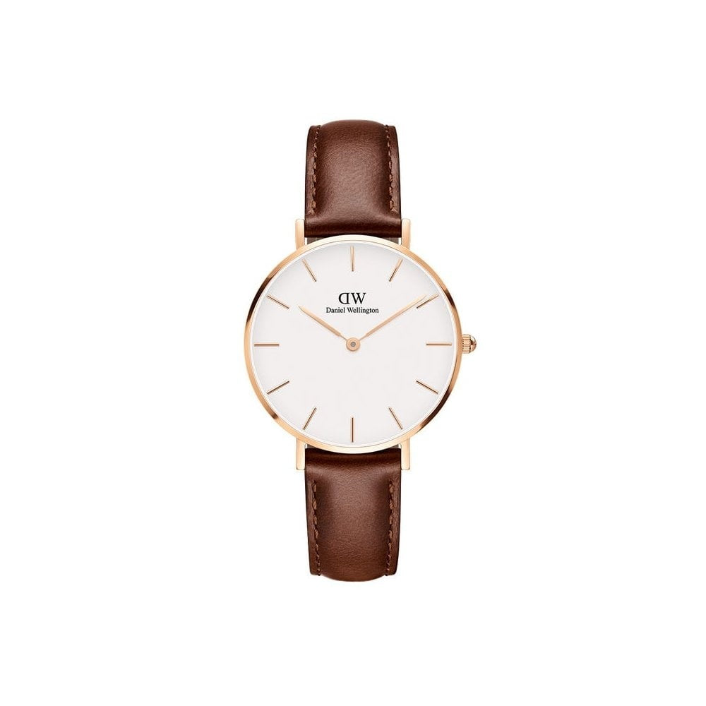 PETITE ST MAWES ROSE GOLD STAINLESS STEEL WATCH WITH BROWN LEATHER STRAP & WHITE DIAL