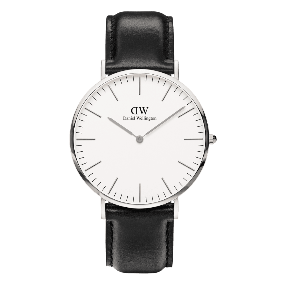 PETITE STERLING STAINLESS STEEL WATCH WITH BLACK LEATHER STRAP AND WHITE DIAL