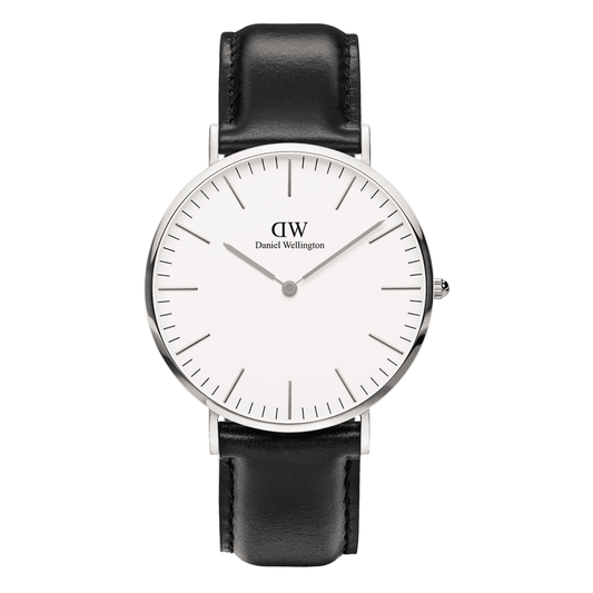 PETITE STERLING STAINLESS STEEL WATCH WITH BLACK LEATHER STRAP AND WHITE DIAL