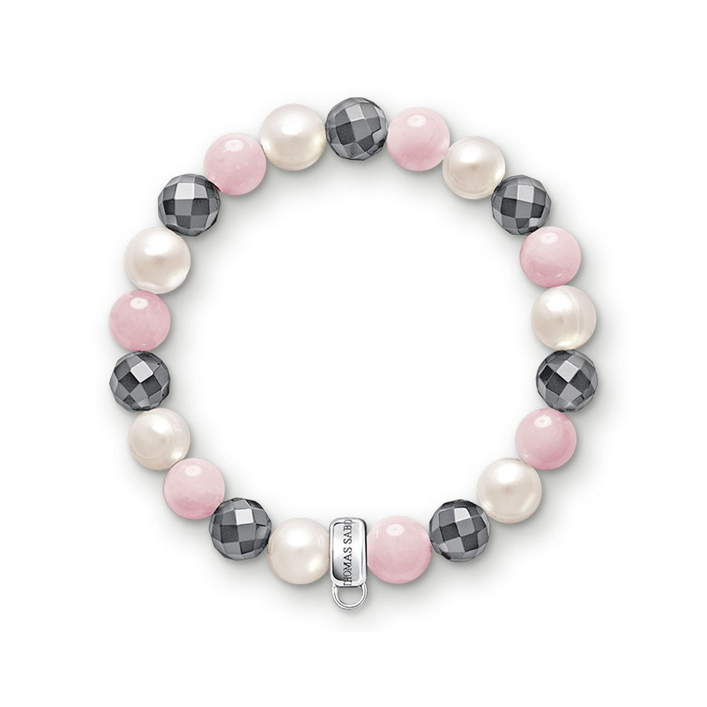 PINK, GREY AND WHITE CHARM BRACELET WITH STERLING SILVER CARRIER 