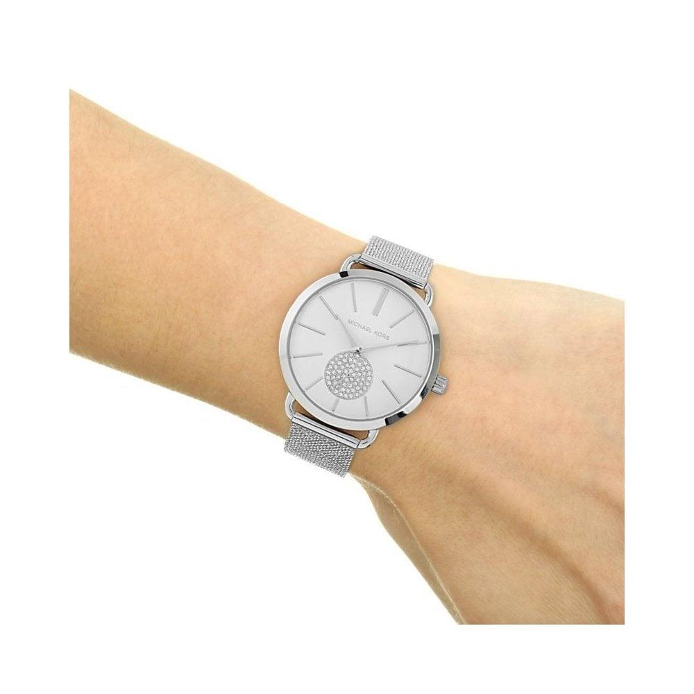 PORTIA STAINLESS STEEL MESH BRACELET LADIES WATCH WITH ZIRCONIA CIRCLE ON DIAL