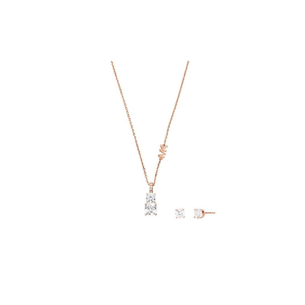 PREMIUM ROSE GOLD 2 STONE CRYSTAL PENDANT W/CRYSTAL STUD EARRINGS