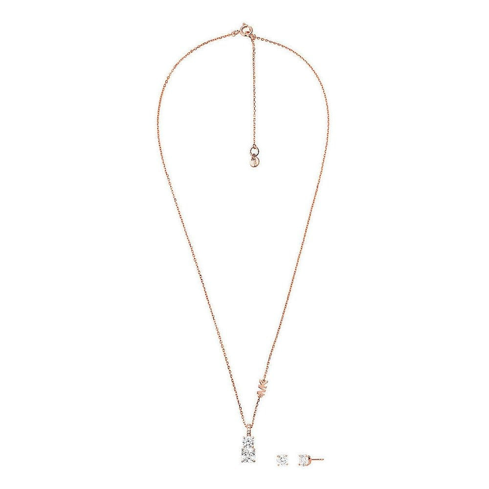 PREMIUM ROSE GOLD 2 STONE CRYSTAL PENDANT W/CRYSTAL STUD EARRINGS