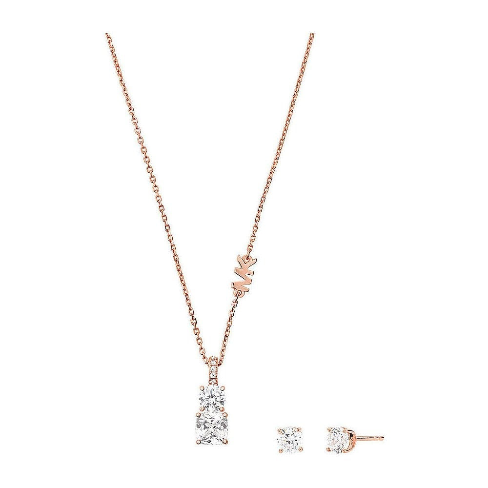 PREMIUM ROSE GOLD 2 STONE CRYSTAL PENDANT W/CRYSTAL STUD EARRINGS