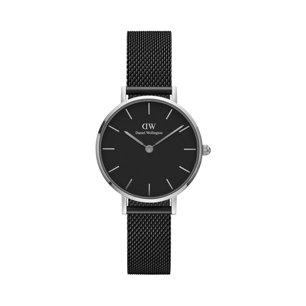 Petite Ashfield Stainless Steel Watch with black mesh bracelet & black dial