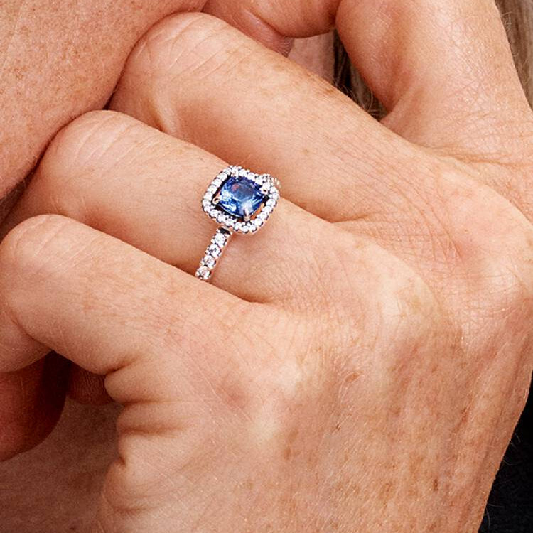 Sparkling Square Blue Halo Pandora Ring
