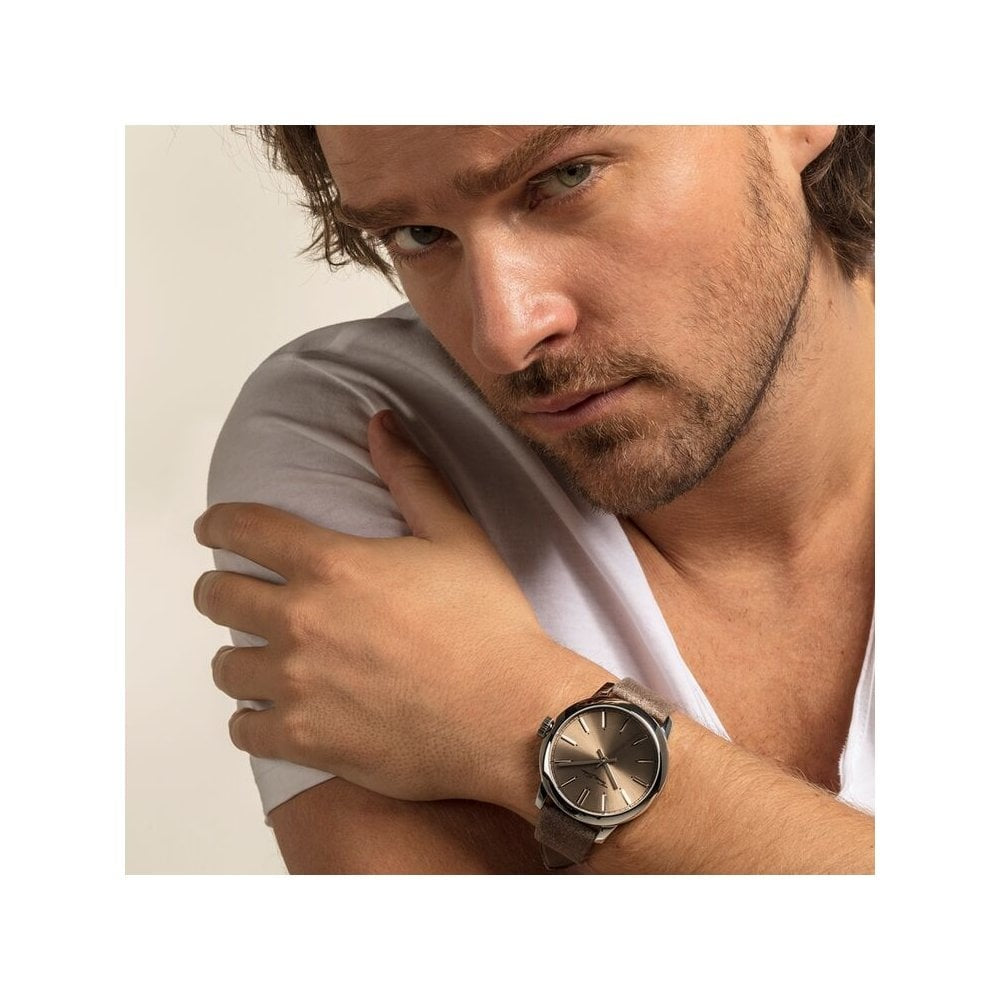 REBEL AT HEART MENS WATCH, TAUPE-COLOURED LEATHER STRAP & SUNRAY DIAL, STAINLESS STEEL CASE