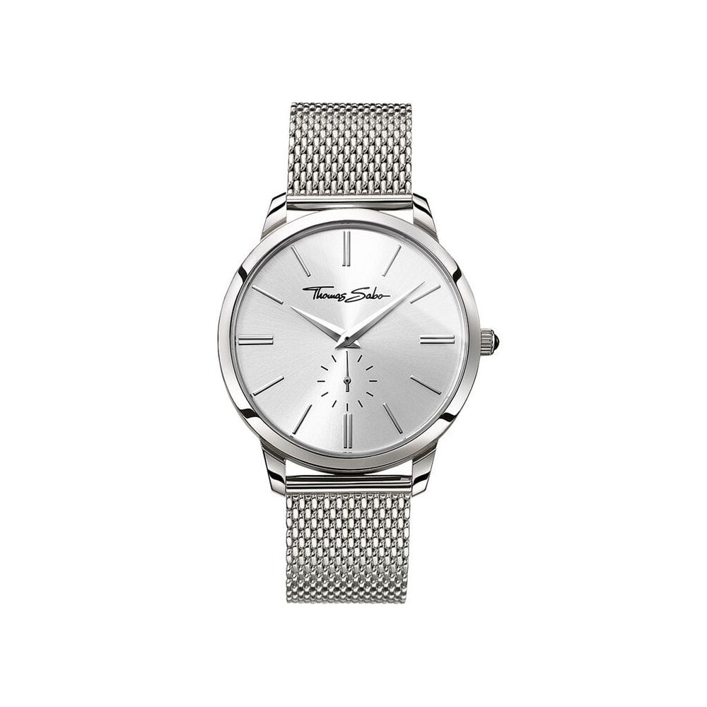 REBEL SPIRIT GENTS WATCH, STAINLESS STEEL MESH BRACELET, SILVER SUNRAY DIAL & BLACK ONYX ON THE CROWN