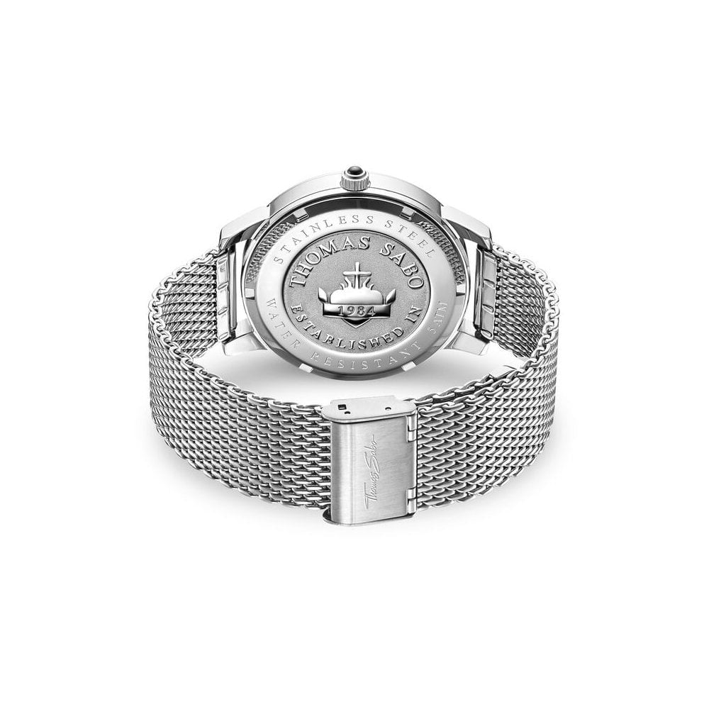 REBEL SPIRIT GENTS WATCH, STAINLESS STEEL MESH BRACELET, SILVER SUNRAY DIAL & BLACK ONYX ON THE CROWN