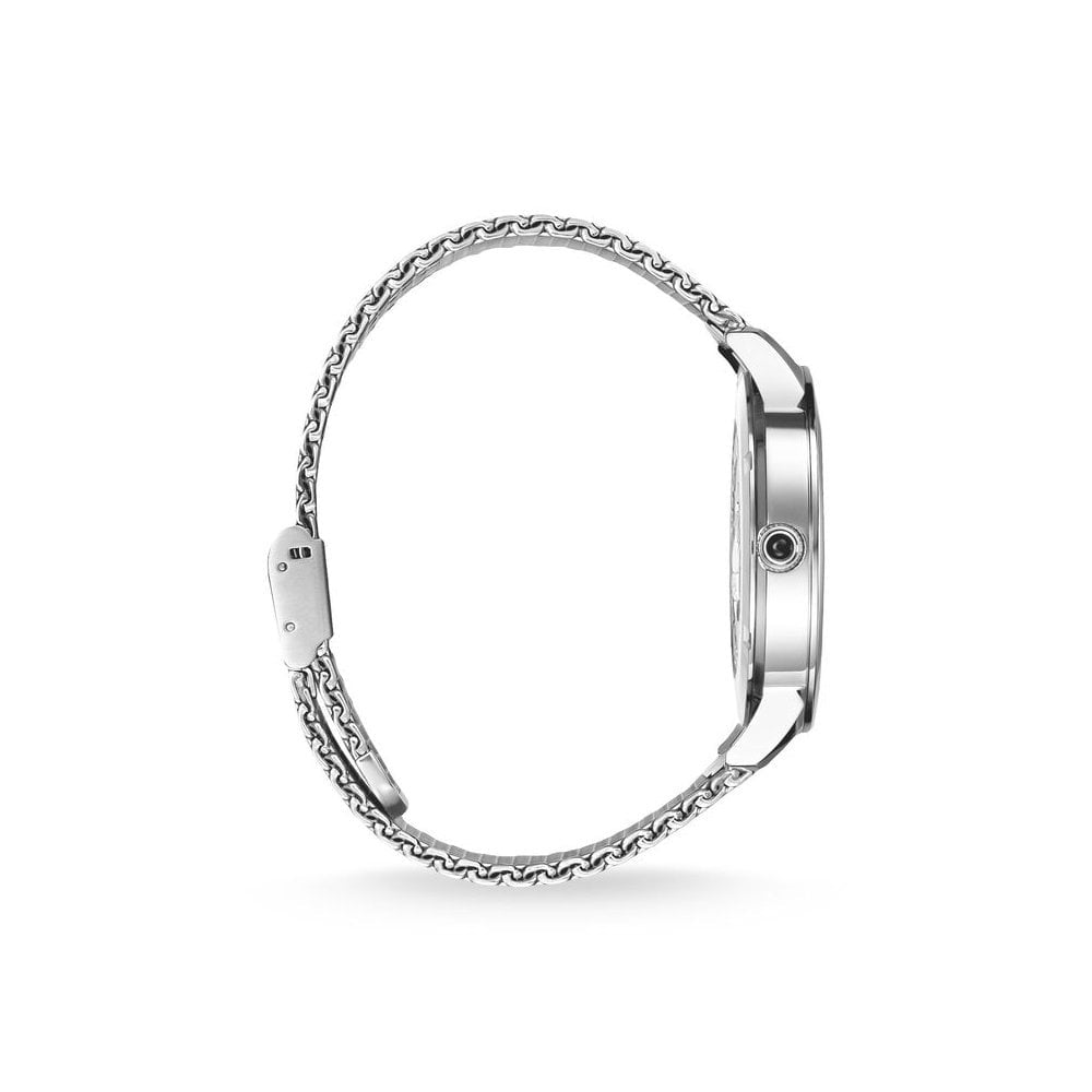 REBEL SPIRIT GENTS WATCH, STAINLESS STEEL MESH BRACELET, SILVER SUNRAY DIAL & BLACK ONYX ON THE CROWN