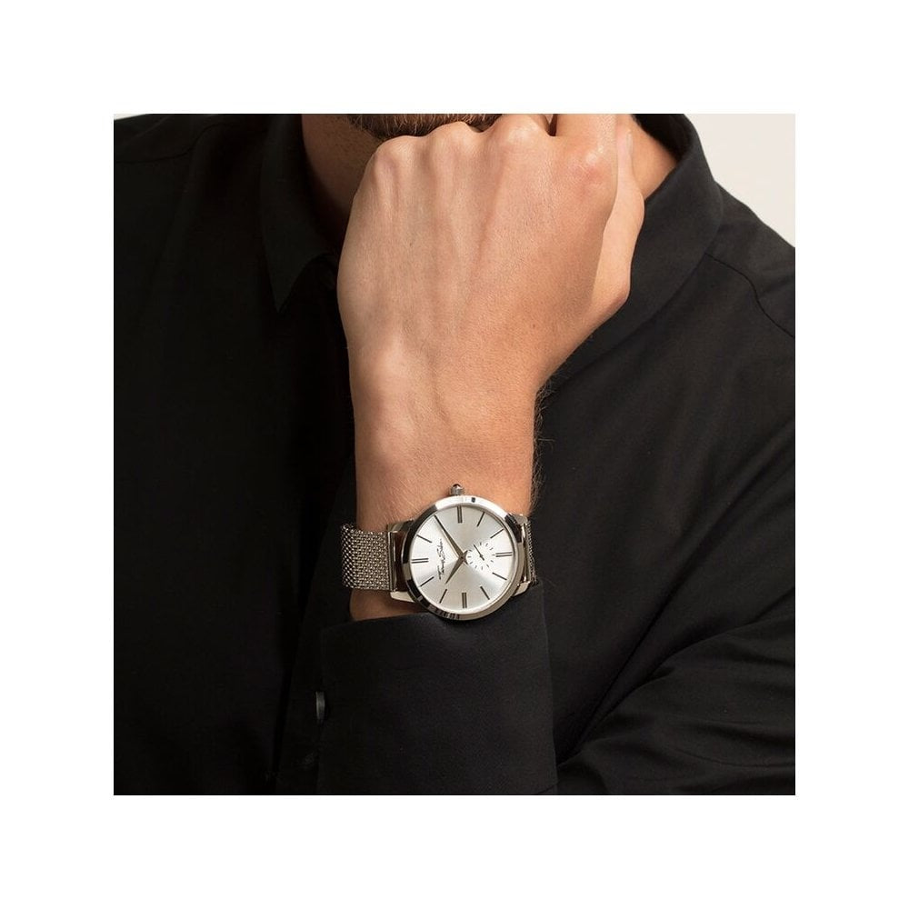 REBEL SPIRIT GENTS WATCH, STAINLESS STEEL MESH BRACELET, SILVER SUNRAY DIAL & BLACK ONYX ON THE CROWN