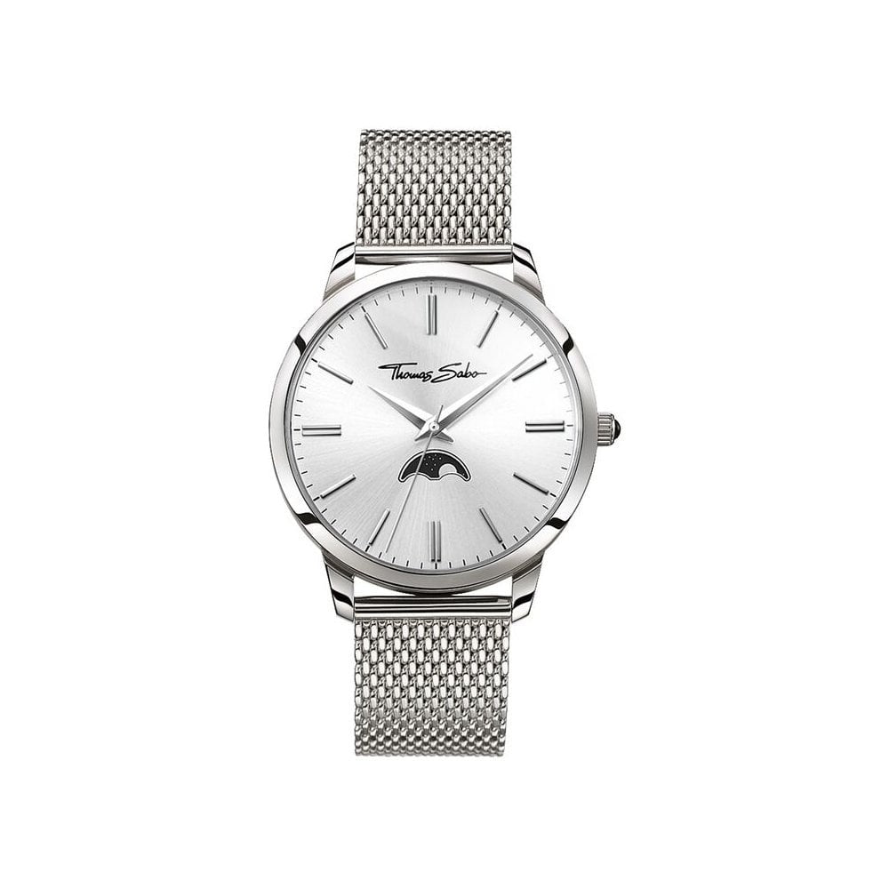 REBEL SPIRIT MOONPHASE MENS WATCH, STAINLESS STEEL MESH BRACELET & CASE, SILVER SUNRAY DIAL, ONYX STONE ON CROWN